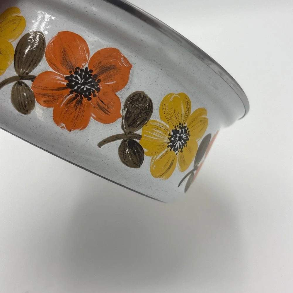 Vtg Austria Email Primavera Enamelware Saucepan Mod 70s Orange Floral Flower Pan